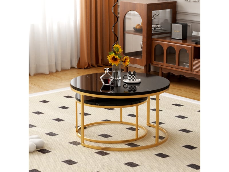  Table basse gigogne 2 pièces effet marbre noir et structure dorée homvra  - Conforama C