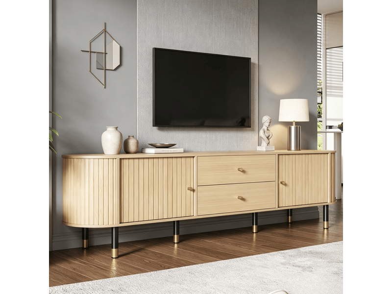  Meuble tv avec 2 portes coulissantes, 2 tiroirs et passe-câbles pour salon, finition bois naturel mat 180×40×58 cm  - Conforama C