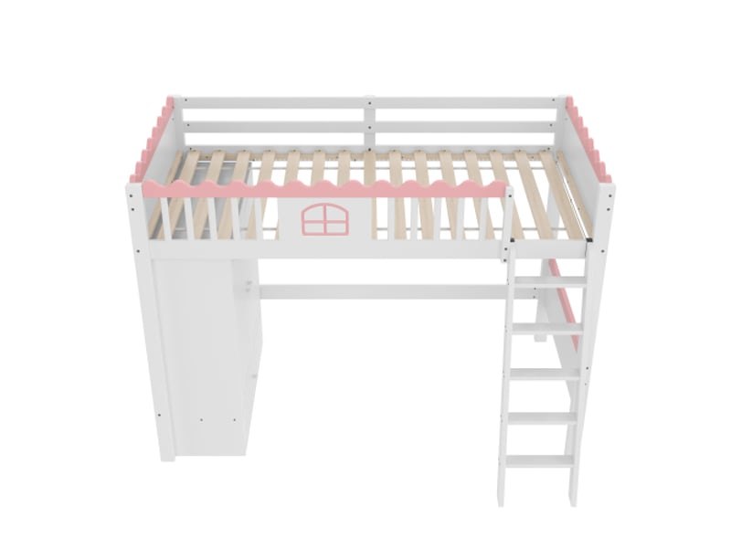 Lit mezzanine enfant 90x200 cm avec éclairage led, armoire, tiroir et certifié en747, en bois, blanc, sans matelas - Conforama E