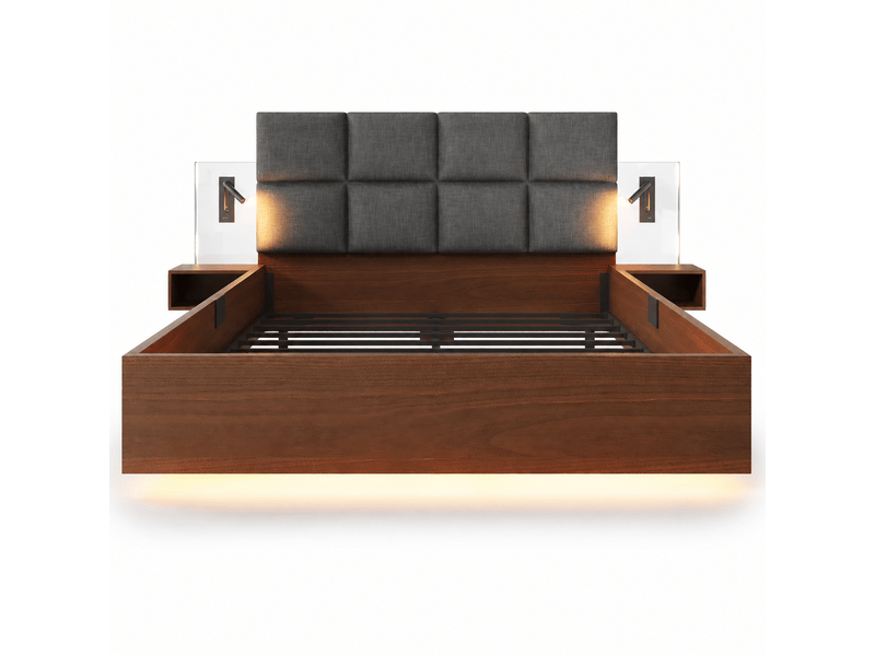 Lit 180 × 200 cm effet noyer avec chevets, liseuses, usb-ac et led Fay Lum - Conforama E