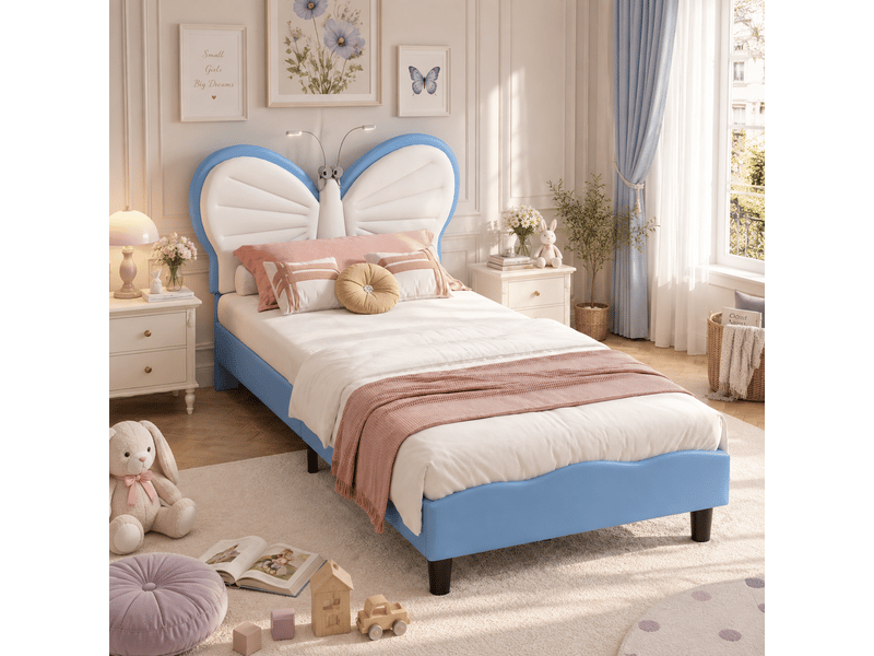  Lit simple 90x200 cm avec lampes led, lit enfant capitonné avec tête de lits réglable en forme de papillon et lattes en velours, sans matelas, bleu  - Conforama B