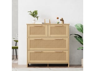 Commode 4 tiroirs rattan naturel bois clair - rangement spacieux salon chambre