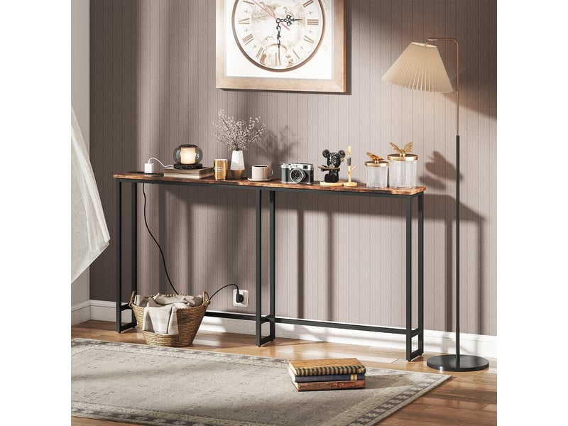  Table console étroite style industriel avec prises de courant et usb, pour salon entrée couloir, 160x20x80cm, marron  - Conforama D