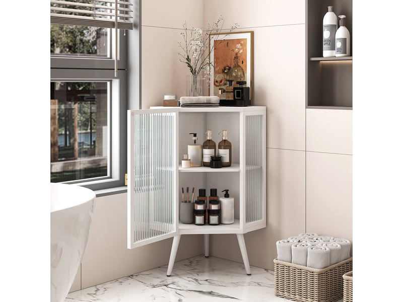  Meuble d’angle au sol 80 cm avec portes en verre trempé, 2 niveaux de rangement, blanc  - Conforama C