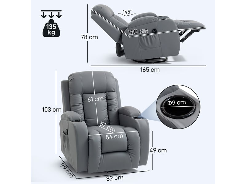  Fauteuil de massage chauffant inclinable repose-pieds ajustable télécommande gris  - Conforama C
