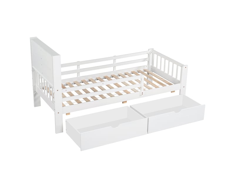  Lit enfant 90x200 cm avec tiroirs et tableau, lit en bois avec sommier à lattes et rangement, sans matelas, blanc  - Conforama W