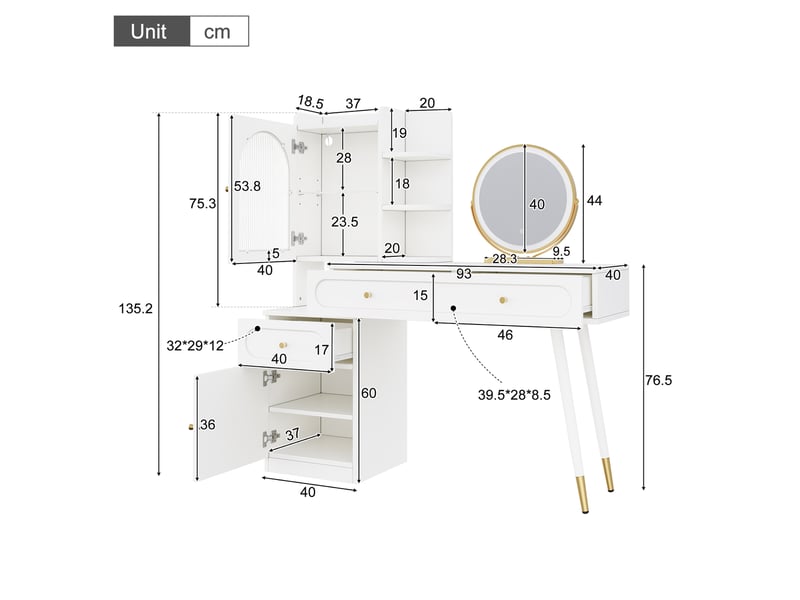  Coiffeuse blanche avec miroir lumineux led, plateau extensible, 3 tiroirs et rangements vitrés, 121,5 x 40 x 135,2 cm  - Conforama C