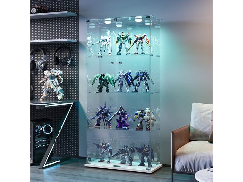  Vitrine en verre 4 niveaux double porte - blanc - 78,5 x 36,5 x 163 cm - grande armoire d'exposition avec éclairage led et base blanche  - Conforama E