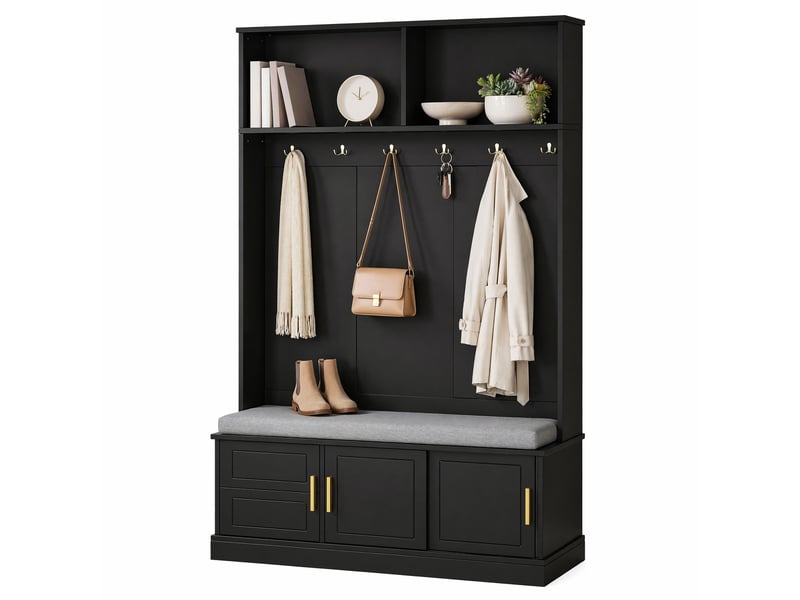  Meuble d'entrée avec banc, range-chaussures et 6 patères triples, rangement ouvert pour couloir, noir, 120 × 40 × 191 cm  - Conforama A