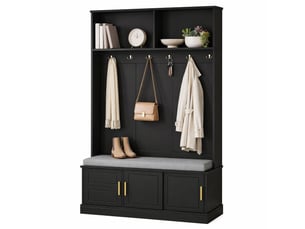 Meuble d'entrée avec banc, range-chaussures et 6 patères triples, rangement ouvert pour couloir, noir, 120 × 40 × 191 cm