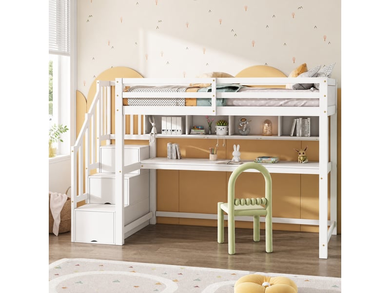 Lit mezzanine enfant 90 × 200 cm avec escalier de rangement, bureau et étagères, sans matelas, en bois blanc - Conforama C