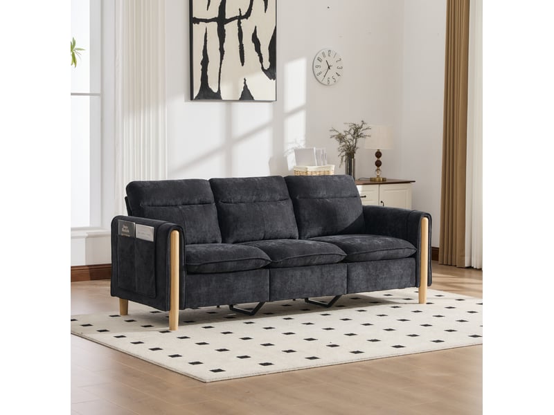  Canapé d'angle 3 places en tissu noir, méridienne réversible et pouf de rangement, esprit scandinave  - Conforama B
