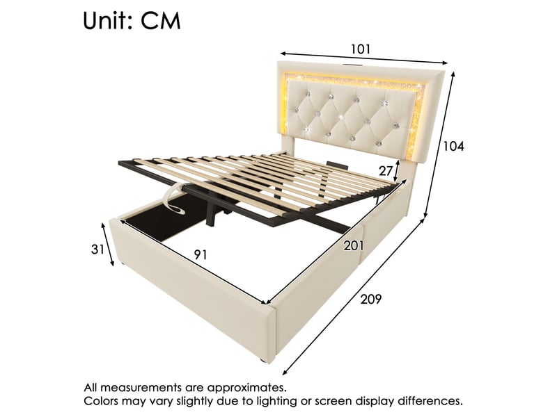  Modenvie lit coffre 1 place 90x200 cm - led intégrée, ports usb et usb-c, matelas inclus - beige  - Conforama C