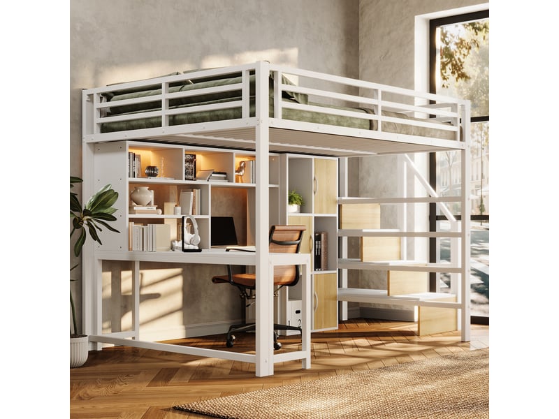  Lit mezzanine 140 x 200 cm avec bureau, led et escalier avec rangement, lit double en métal blanc avec étagères et placards intégrés  - Conforama B
