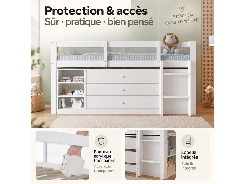 Lit surélevé avec rangement, escalier, 3 tiroirs, lit enfant avec barrières et protection - Conforama E