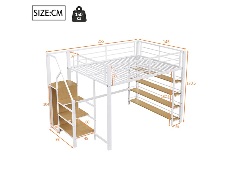  Lit mezzanine 140x200 cm avec escalier de rangement et étagères blanc  - Conforama C