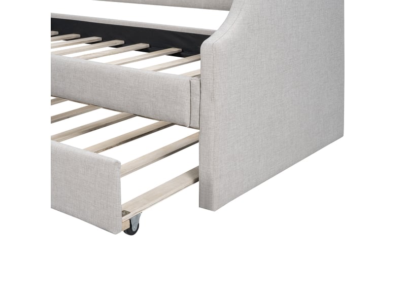  Lit enfant 90x200 cm avec lit gigogne, dossier incurvé et accoudoirs, tissu coton-lin, beige, structure bois, sans matelas  - Conforama E
