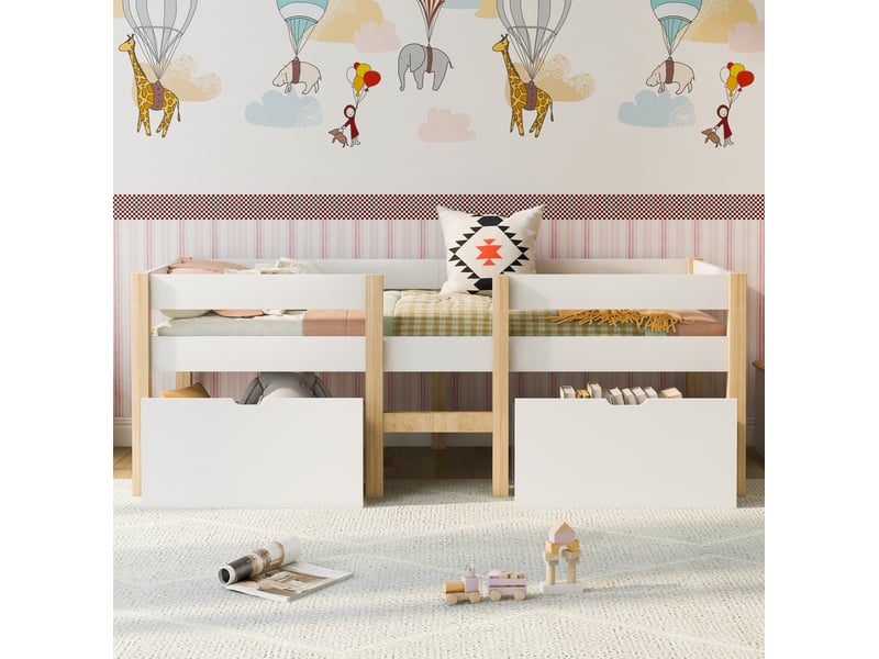  Lit enfant surélevé 90x190 cm avec tiroirs, barrière anti-chute, blanc et chêne clair  - Conforama E