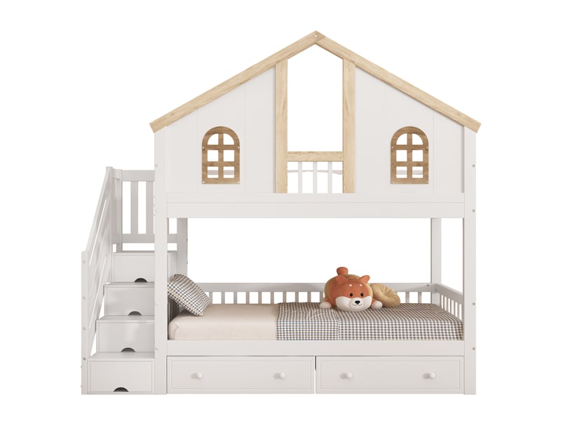  Lit superposé enfant 90 x 200 cm avec escalier de rangement et tiroirs, blanc naturel  - Conforama A