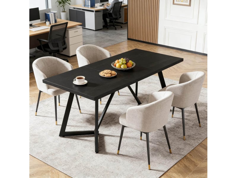  Table de salle à manger rectangulaire 180 cm avec plateau en mdf et pieds métalliques noirs pour salle à manger  - Conforama D