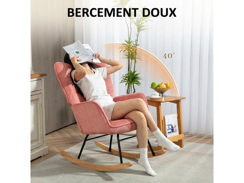  Fauteuil à bascule rose en velours côtelé, chaise à bascule avec accoudoirs, fauteuil de relaxation pour salon  - Conforama R