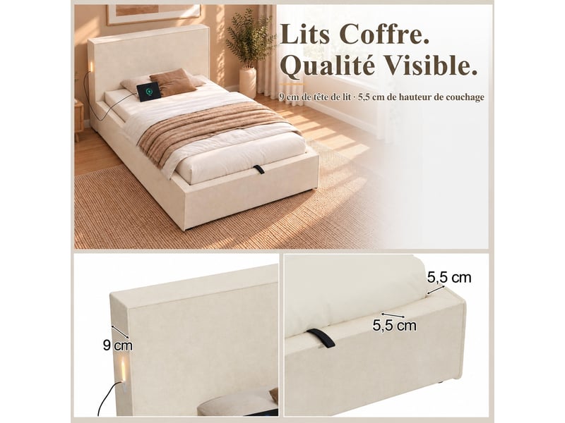  Lit coffre 90 x 200 cm beige rembourré avec rangement hydraulique et sommier à lattes, sans matelas  - Conforama E