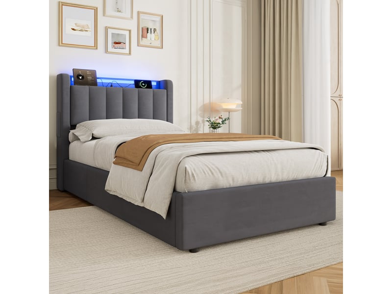  Lit coffre simple 90 x 190 cm en velours, lit avec led, usb et rangement hydraulique, sans matelas  - Conforama C