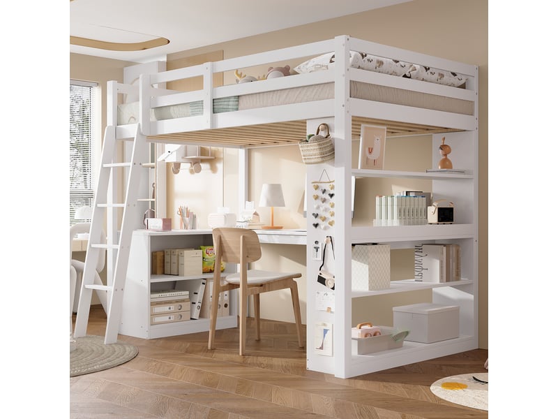  Lit mezzanine enfant 90 × 200 cm 1 place avec étagère, tablette d’angle et barrière, sans matelas, blanc  - Conforama B