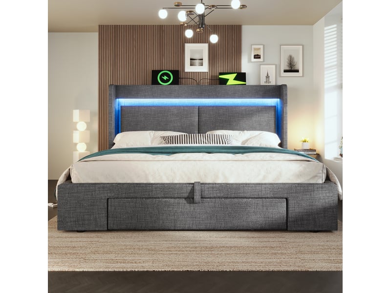  Lit coffre 140 x 200 cm gris en lin avec matelas, led, ports usb et usb-c  - Conforama D