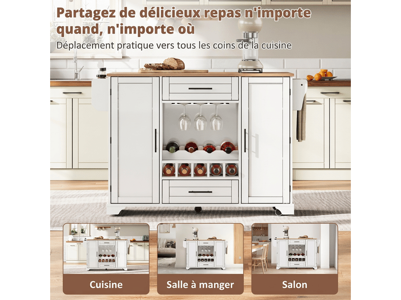 Îlot de cuisine sur roulettes, desserte blanche avec plan de travail rabattable  - Conforama D