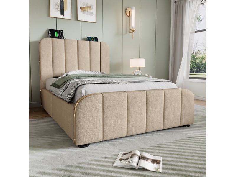 Lit une place avec rangement hydraulique, tête de lit rembourrée et matelas 90 x 200 cm beige - Conforama B
