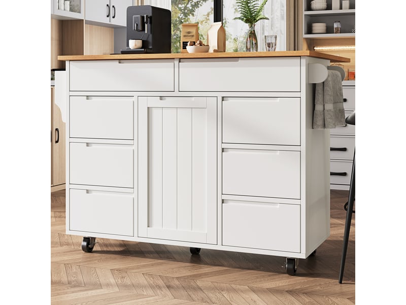  Îlot central cuisine blanc sur roulettes avec plateau rabattable et 8 tiroirs meuble de rangement  - Conforama E