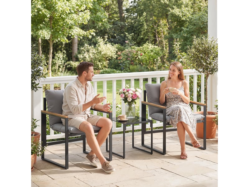 Salon de jardin 3 pcs avec 2 fauteuils 1 table basse, plateau en verre trempé et coussins, gris - Conforama D