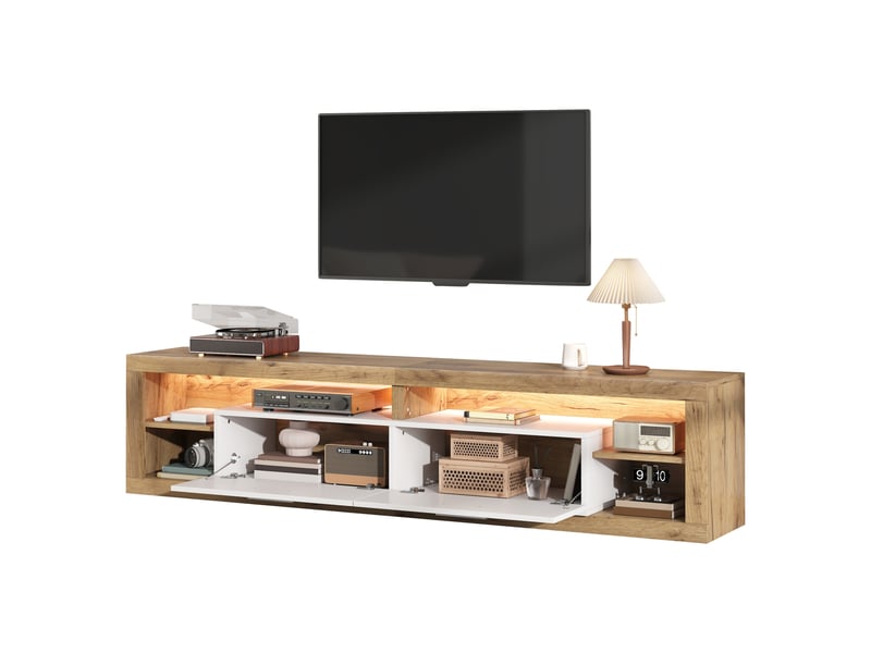  Meuble tv bas 180x35,5x50 cm pour tv 75 pouces, led, 2 tiroirs, 4 niches ouvertes, passe-câbles, panneaux de particules – bois naturel et blanc  - Conforama A