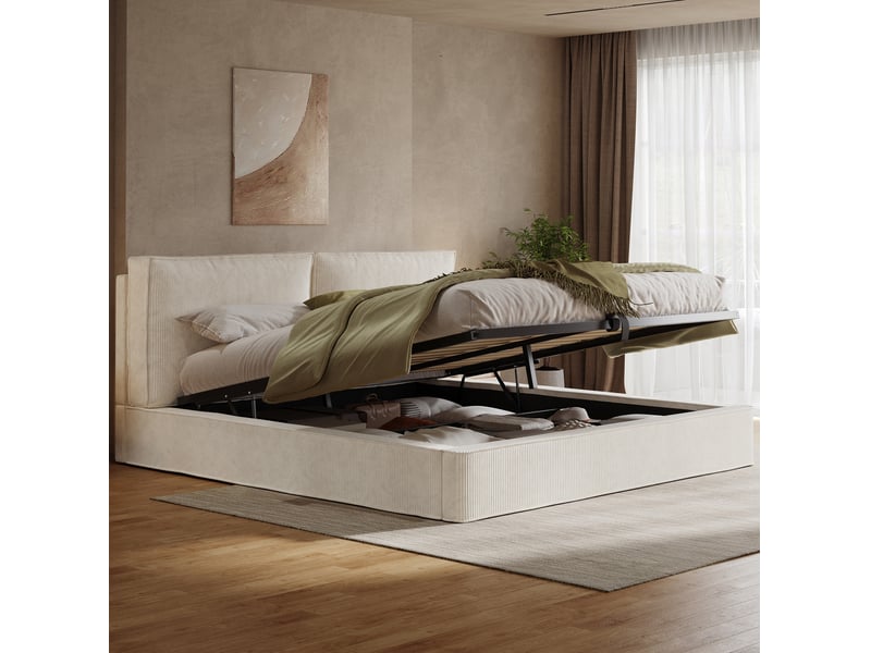  Lit coffre double 180 x 200 cm beige en velours côtelé avec sommier à lattes et tête de lit  - Conforama C