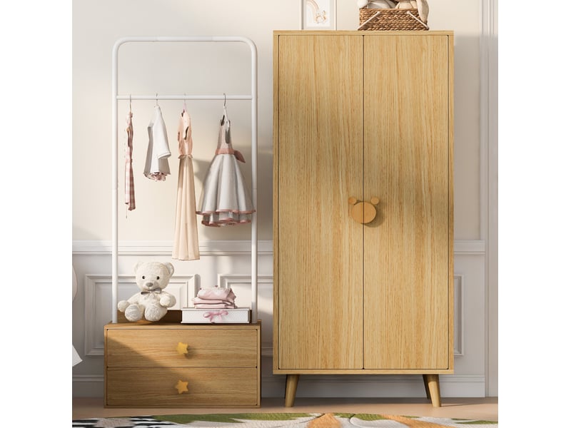  Armoire enfant 2 portes en mdf blanc et bois clair, rangement avec penderie et 2 tiroirs, pieds surélevés  - Conforama D