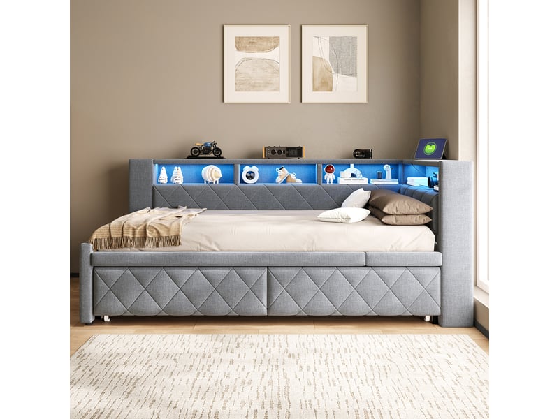  Canapé-lit 90 × 200 cm 180 × 200 cm – avec lit gigogne – éclairage led inclus – prise électrique incluse – revêtement en lin – gris (matelas non inclus)  - Conforama D