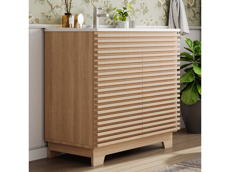  Meuble vasque de salle de bain 91x46x80cm en céramique et mdf avec rangement naturel chicfurn  - Conforama B
