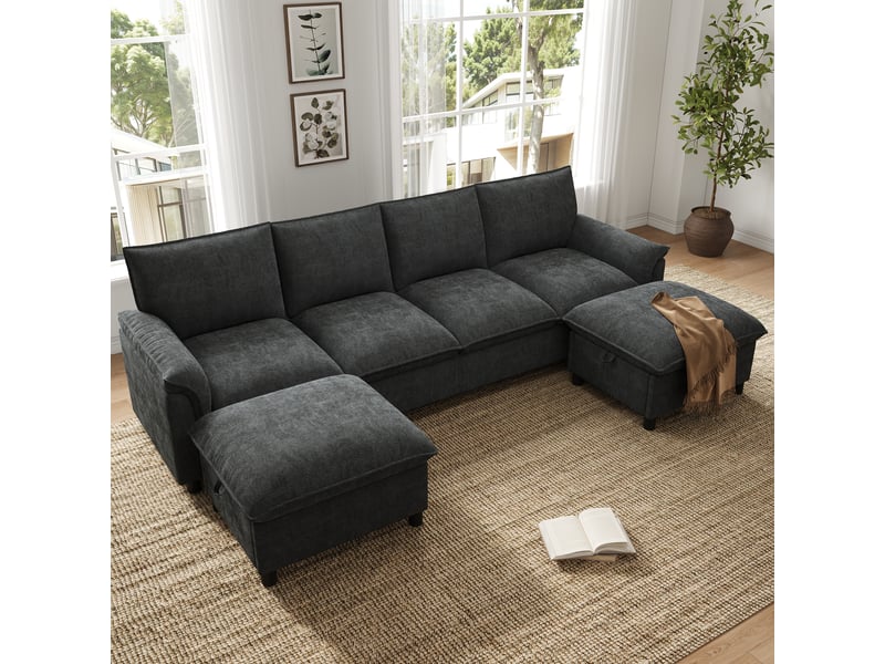  Canapé d’angle en u 4 places 264,5x142,5x84 cm modulable effet nuage avec assise profonde, 2 poufs mobiles et dossier haut, chenille, noir Sol Morn - Conforama B