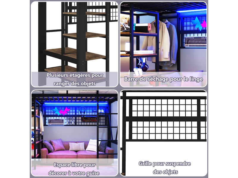  Lit mezzanine enfant 90 x 200 cm en métal avec led réglable, niche, filet de rangement et penderie gain de place, noir  - Conforama D