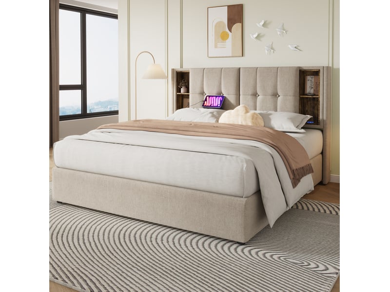  Lit coffre 2 places 180x200 cm, sans matelas, bois naturel, espace de rangement, type-c, usb, doté de recharge sans fil  - Conforama D