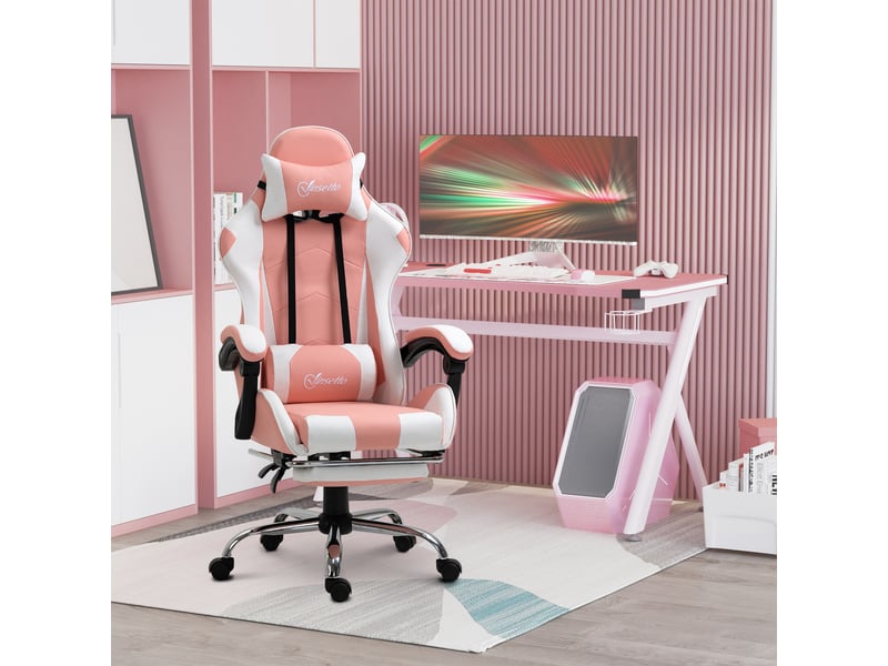 Fauteuil de jeu ergonomique avec appui-tête, coussin lombaire massant, repose-pieds, pivotant, accoudoirs intégrés, fonction bascule, rose  - Conforama C