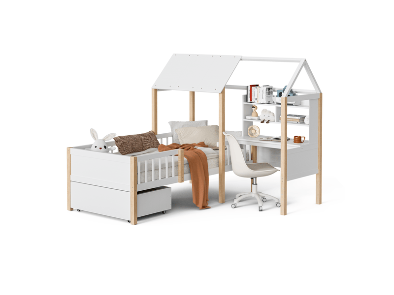 Lit enfant maison multifonction 90x200 cm, bureau l, étagère, tiroirs, blanc, bois - Conforama D