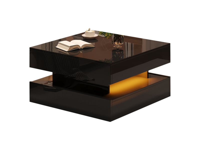  Table basse relevable noire 65×65 cm avec led, 2 tiroirs, design géométrique et rangement caché  - Conforama A
