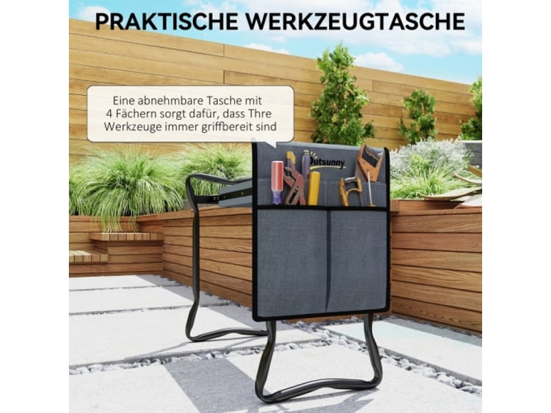 Banc à genoux jardin pliable, coussin, sacs à outils, 150 kg, 58x28x49 cm, gris - Conforama E