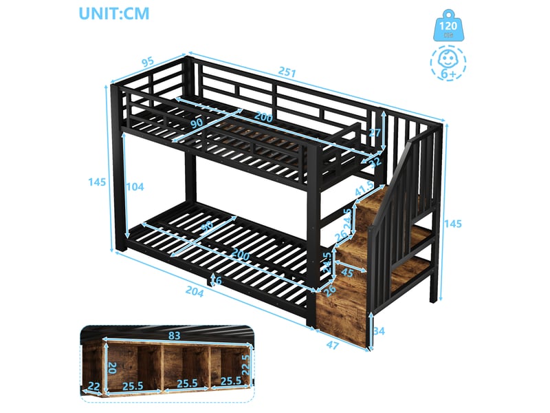 Lit superposé 90 x 200 cm, bandes led, 3 compartiments de rangement, escalier avec rangement, garde-corps, structure en métal, noir Seren Glow - Conforama C