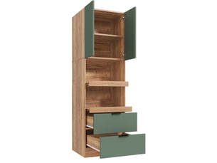 Armoire de rangement cuisine 60 x 45 x 200 cm – verte – 2 tiroirs, niches ouvertes et fixation murale