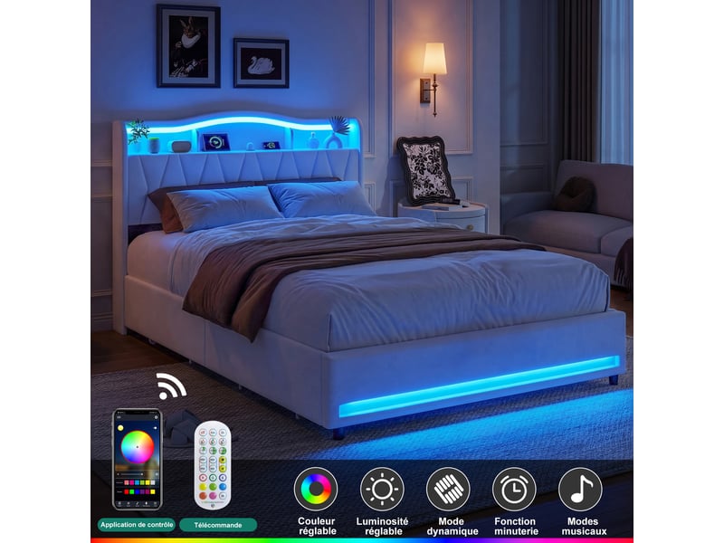  Cadre de lit 160×200 cm velours beige à 4 tiroirs de rangement, tête de lit multifonction étagères + compartiment caché, éclairage rgb tête + pied de lit, ports usb‑c, sommier à lattes inclus  - Conforama C