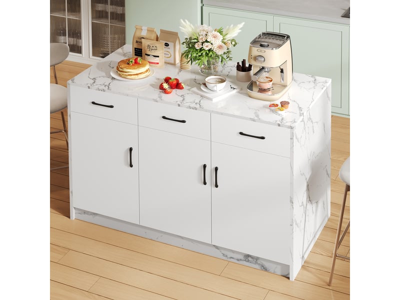 Îlot de cuisine fixe 120x60x90,5 cm en mdf blanc effet marbre, 3 tiroirs et 3 portes - Conforama C