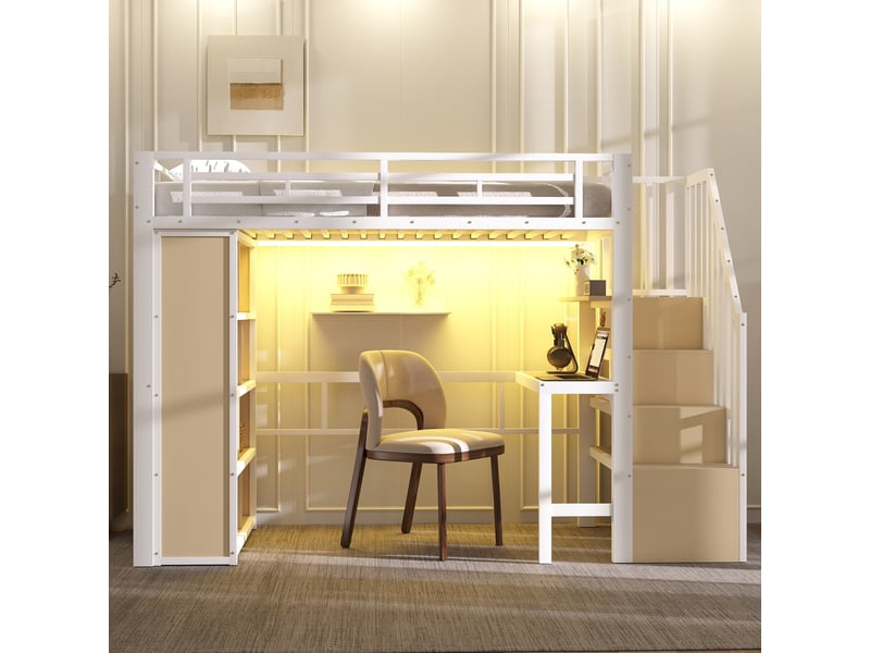  Lit mezzanine 90 x 200 cm sans matelas, structure métal, bureau, rangement, led, escalier avec coffre, blanc  - Conforama E